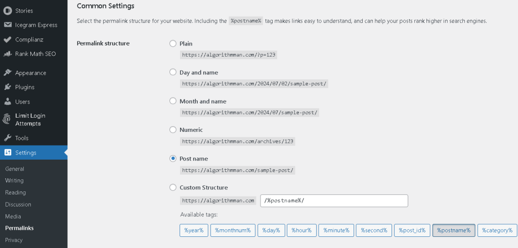WordPress Permalink Settings Page for SEO